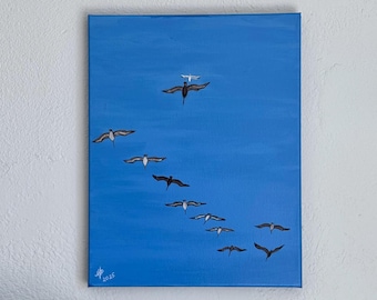 Brown Pelicans, Original Acrylic Painting Art, Canvas, 11x14in