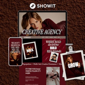 Pode incluir: Um conceito de marketing digital com um laptop, um smartphone e fotos impressas. O laptop exibe "CREATIVE AGENCY" com o nome "KIMBERLY". O smartphone mostra "WE DON'T BELIEVE IN ONE-SIZE-FITS-ALL CREATIVITY". As fotos dizem "BUILD" e "GROW".