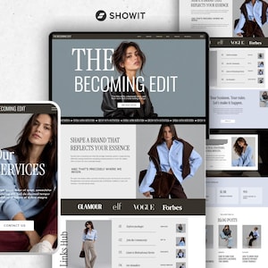 Op de afbeelding: Een digitale website-layout met de branding The Becoming Edit op een desktopmonitor en mobiele telefoon. Het ontwerp bevat fotografie van een persoon in een lichtblauw overhemd, donkere broek en tekstsecties met details over de diensten.