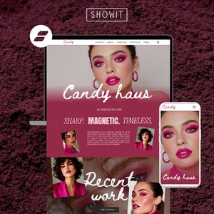 Puede incluir: Una visualización digital de un sitio web titulado Candy haus en la pantalla de una computadora portátil y un teléfono inteligente. El diseño presenta una paleta de colores magenta intenso, fotos de una persona con maquillaje rosa brillante y texto que incluye SHARP. MAGNETIC. TIMELESS.