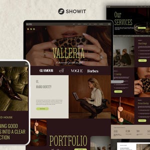 Può includere: Un layout di sito web digitale che presenta il marchio Valleria, mostrando sezioni per servizi, identità del brand e portfolio. Il design utilizza una palette di colori scuri con testo dorato e immagini di una cover per telefono leopardata.
