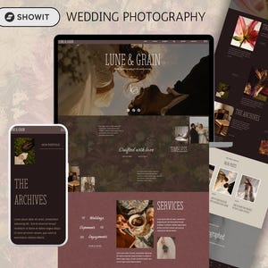 May include: A digital website template for wedding photography displayed on a desktop monitor, a mobile phone, and a vertical layout view. The design features a dark brown and muted red color palette with the text Lune & Grain and Wedding Photography.