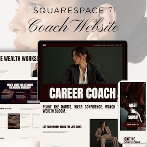以下が含まれることがあります： デスクトップモニターと携帯電話の画面に表示されたSquarespace 7.1 Coachウェブサイトテンプレート。レイアウトには「CAREER COACH」、「PLANT THE HABITS. WEAR CONFIDENCE. WATCH WEALTH BLOOM」、「THE WEALTH WORKSHOP」という太字の黒いテキストが含まれています。