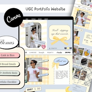 Puede incluir: Una plantilla de sitio web de portafolio UGC digital con un esquema de color azul claro y amarillo, marcos de fotos, cuadros de texto y gráficos de lazos decorativos. El diseño incluye secciones sobre, portafolio, servicios y contacto, con artículos adicionales listados como 3 Link in Bios, 100 Brand Emails, 5000+ Aesthetic Reels y una Portfolio Checklist.