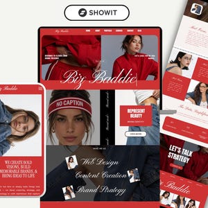 May include: A digital website template design titled Biz Baddie displayed on a desktop monitor and a mobile phone screen. The layout features a red and white colour scheme with photography, text blocks, and navigation menus for web design services.