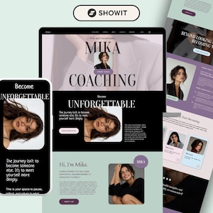 Könnte beinhalten: Eine Website-Design-Vorlage für Showit mit einer Coaching-Marke namens Mika. Das Layout umfasst eine Mobil- und Desktop-Ansicht mit schwarz-weiß-salbeigrünen Farbschemata, Serifentypografie und Porträtfotografien einer Person.