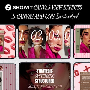 Pode incluir: Uma apresentação de marketing digital com o texto "SHOWIT CANVAS VIEW EFFECTS" e "15 CANVAS ADD ONS Included". A apresentação apresenta imagens de uma mulher com maquiagem rosa e sobreposições de texto como "CONTENT MARKETING" e "WEB DESIGN".