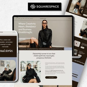 May include: A digital display showing a Squarespace website layout for Amethyst Studio. The screen features a person in a black shirt and glasses, with text reading Where Creativity Meets Abundance and Business Breakthroughs and visual stories.