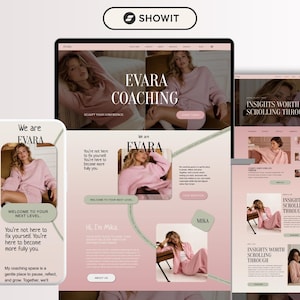 May include: A digital website design template displayed on a desktop monitor, a tablet, and a mobile phone screen. The layout features a soft pink and sage green color palette with serif typography, showcasing the brand name EVARA COACHING.