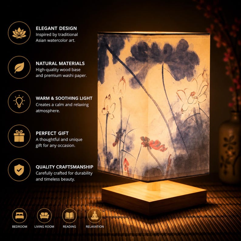 May include: A square lamp with a wooden base and a shade displaying a watercolour floral design in blue and red. The lamp is illuminated, giving off a warm glow. The image text reads "ELEGANT DESIGN", "NATURAL MATERIALS", "WARM & SOOTHING LIGHT", "PERFECT GIFT", and "QUALITY CRAFTSMANSHIP".
