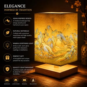 May include: A square lamp with an Asian-inspired design. The lamp has a wooden base and a washi paper shade with a landscape painting in yellow, blue, and green. The image text reads "ELEGANCE INSPIRED BY TRADITION".