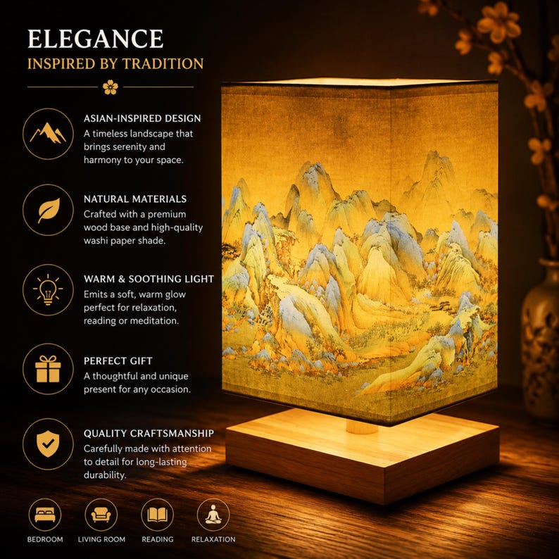 May include: A square lamp with an Asian-inspired design. The lamp has a wooden base and a washi paper shade with a landscape painting in yellow, blue, and green. The image text reads "ELEGANCE INSPIRED BY TRADITION".