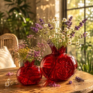 Röd glasvas med granatäpple, kristallknoppvas, liten blomvas, fruktdekor, modern heminredning, present till henne, röd glaskonst