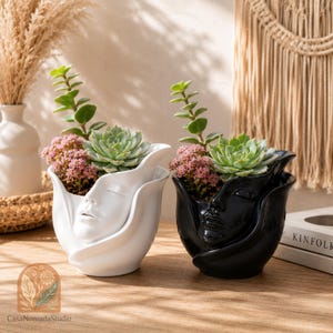 Peut inclure: Deux pots de fleurs en céramique en forme de visage, un blanc et un noir, contenant chacun des plantes succulentes et des fleurs roses. Les pots ont un design unique avec un visage sculpté à l'avant. Les plantes ajoutent une touche de nature à la décoration intérieure.