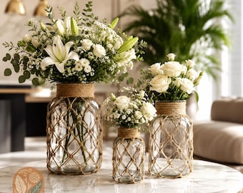 Boho Glass Vase Set, Rustic Jute Wrapped Flower Vase, Farmhouse Table Decor, Coastal Cottage Vase, Bedroom Living Room Decor