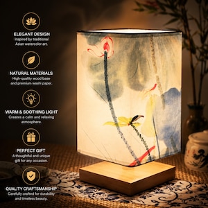 May include: A square lamp with a wooden base and a shade featuring a watercolor floral design. The lamp's shade is rectangular and displays a painting of red and yellow flowers with green stems. The text on the side says "ELEGANT DESIGN" and "NATURAL MATERIALS".