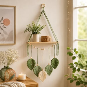 Makramé vägghängande hylla med lövtofsar, boho flytande hylldekor, grön växthylla, väggbonad i cottagecore, neutral heminredning