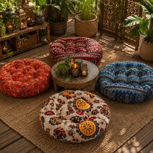 Peut inclure: Quatre coussins de sol ronds avec un tissu à motifs vibrants. Les coussins présentent des couleurs rouge, bleu et crème avec des motifs floraux et géométriques. Ils sont disposés sur un tapis tissé, suggérant un thème de décoration bohème ou d'inspiration mondiale.