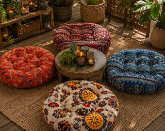 Meditations-Bodenkissen-Set, Boho-Bodenkissen, gestepptes Sitzkissen, rundes Yogakissen, marokkanischer Pouf, Leseecken-Dekoration