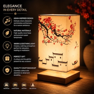 May include: A rectangular table lamp with an Asian-inspired design. It has a wooden base and a paper lampshade decorated with cherry blossoms and traditional architecture. The lamp is designed to create a warm and soothing light.
