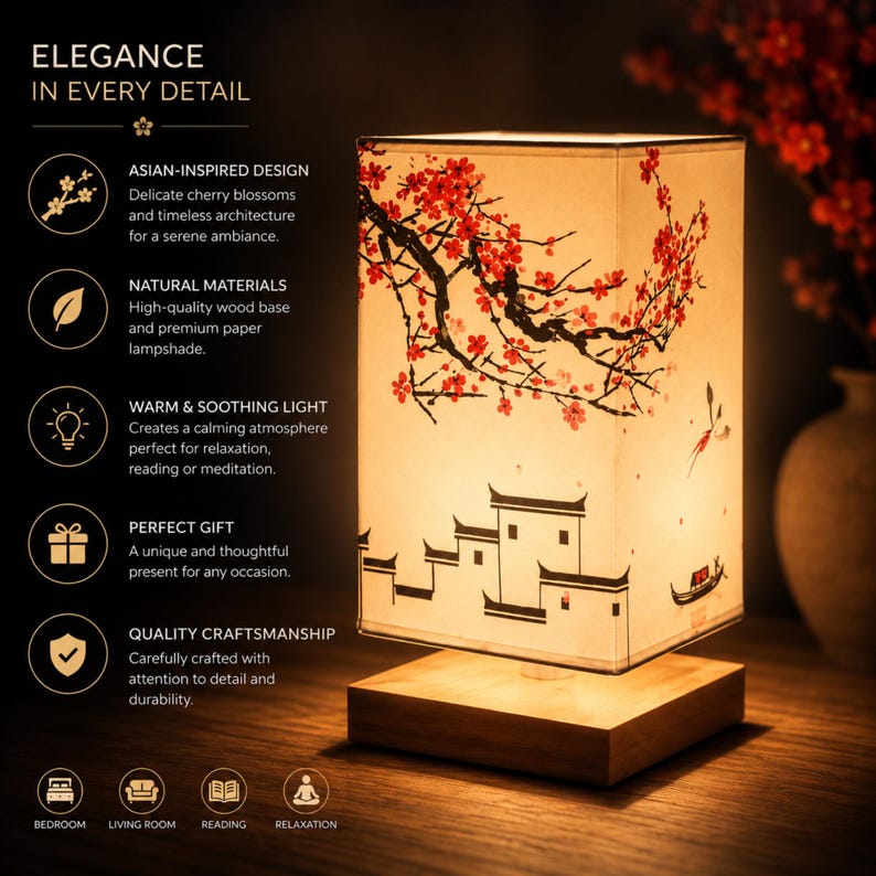 May include: A rectangular table lamp with an Asian-inspired design. It has a wooden base and a paper lampshade decorated with cherry blossoms and traditional architecture. The lamp is designed to create a warm and soothing light.