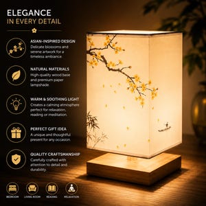 May include: A square paper lampshade with a floral design sits on a wooden base. The lampshade features yellow blossoms and a serene artwork. The text "ELEGANCE IN EVERY DETAIL" is at the top of the image.