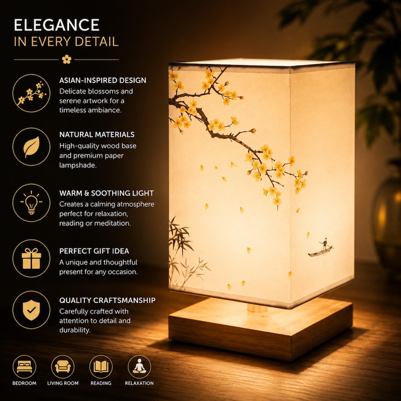 May include: A square paper lampshade with a floral design sits on a wooden base. The lampshade features yellow blossoms and a serene artwork. The text "ELEGANCE IN EVERY DETAIL" is at the top of the image.