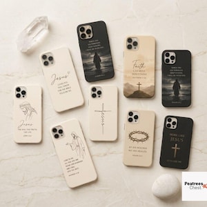 May include: A collection of eight smartphone cases featuring religious themes, including illustrations of Jesus, crosses, and crowns of thorns, alongside scripture verses. The cases are presented in black and cream colors with various printed designs.