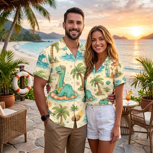 Surfing Dinosaur Hawaiian Shirt, Cute Surfing Dino Palm Tree Wave Pattern Button Up Aloha Shirt, Kawaii Summer Dino Vacation Outfit