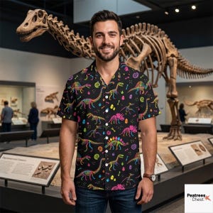 May include: A black short-sleeved button-down shirt featuring a colorful, repeating pattern of neon-colored dinosaur skeletons, fossils, and eggs. The shirt has a classic collar, white buttons, and a straight hem, worn over dark blue denim jeans.