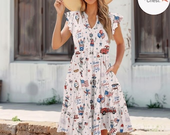 Women’s 4th of July Vintage Americana Dress – Patriotic Flutter Sleeve Sundress, USA Flag Summer Dress, Independence Day Picnic Outfit