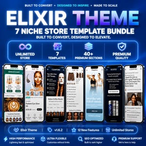 Elixir Shopify Theme Bundle 7 Niche Templates | Skincare Pet Supplement Shapewear Matcha