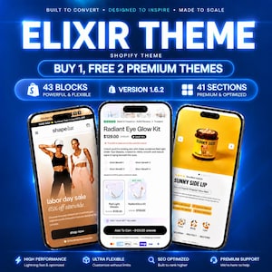 Può includere: Una grafica digitale per il tema Shopify Elixir con tre smartphone che mostrano interfacce di negozi e-commerce. Il testo recita: BUILT TO CONVERT, DESIGNED TO INSPIRE, MADE TO SCALE, ELIXIR THEME, BUY 1, FREE 2 PREMIUM THEMES, 43 BLOCKS, 41 SECTIONS.