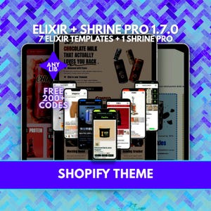 Könnte beinhalten: Werbebild für ein Shopify-Theme mit dem Text "ELIXIR + SHRINE PRO 1.7.0" und "SHOPIFY THEME". Das Bild zeigt mehrere Handy-Bildschirme mit App-Oberflächen und einen Tablet-Bildschirm mit Text über Schokoladenmilch.