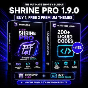 以下が含まれることがあります： Shrine Pro 1.9.0およびLiquid Code Libraryというテキストが記載された2つの黒いデジタル製品ボックス。ネオンブルーのアクセント、鳥居のアイコン、200以上のリキッドコード、無制限のストアアクセス、50以上のプレミアムセクションを示すラベルがデザインされています。