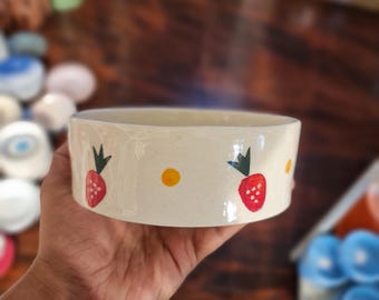 Handmade Ceramic Strawberry Bowl, Cute Fruit Serving Dish, Hand Painted Polka Dot Pottery, Cottagecore Ramen Bowl, Aesthetic Kitchen Decor