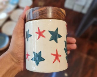Christmas Ceramic Canister with Wooden Lid, Handpainted Merry Christmas Jar, Festive Holiday Cookie Jar, Airtight Coffee Storage, Xmas Gift
