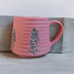 Pink Christmas Tree Ceramic Mug, Handpainted Black Pine Tree Pastel Holiday Coffee Cup, Matte Pink Pottery Mug, Cute Winter Gift for Her