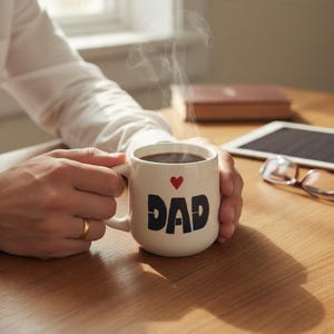 Peut inclure: Une tasse en céramique blanche avec le mot DAD écrit en lettres capitales noires épaisses et une petite icône de cœur rouge au-dessus. La tasse contient une boisson chaude sombre avec de la vapeur visible s'échappant du récipient.