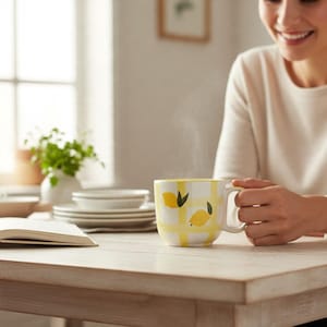 Puede incluir: Una taza de cerámica con un patrón de cuadros amarillos y blancos, decorada con ilustraciones de limones amarillos y hojas verdes. La taza tiene un asa resistente y contiene una bebida caliente humeante.