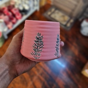 Pink Christmas Tree Ceramic Mug, Handpainted Black Pine Tree Pastel Holiday Coffee Cup, Matte Pink Pottery Mug, Cute Winter Gift for Her