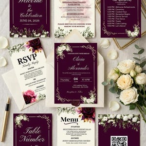 May include: A set of wedding stationery featuring a burgundy and cream floral design. The collection includes invitations, RSVP cards, a menu, and a schedule, all with elegant floral borders and decorative fonts. A bouquet of white and yellow roses is also present.