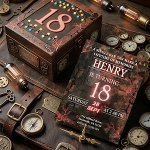 Puede incluir: Una caja de madera con el número 18 y luces decorativas, junto a una invitación para el 18 cumpleaños de Henry el sábado 28 de sept a las 14:00 en 1112 Oakleaf Drive, Savannah, GA 34110, rodeada de relojes antiguos, llaves y tubos de vacío.