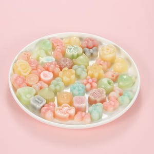 May include: A white plate filled with a collection of small, translucent, pastel-colored wax melts in various shapes including flowers, bows, crowns, and animals. The wax pieces feature soft shades of pink, yellow, green, and blue.