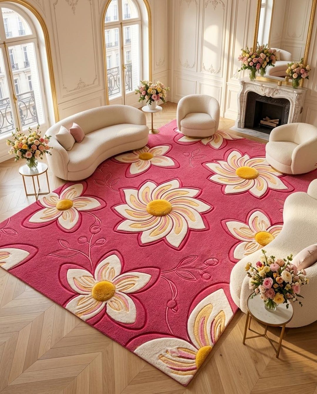 Gily Rug Pink Daisy Floral Area Rug, Cute Aesthetic Rug, Unique 3D Tufted Carpet ...