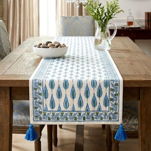 Può includere: Un runner da tavola rettangolare bianco con un motivo ripetuto di forme botaniche a goccia blu e verdi. Il runner è bordato da un disegno floreale e rifinito con nappe blu brillante su ciascuno dei due angoli inferiori.