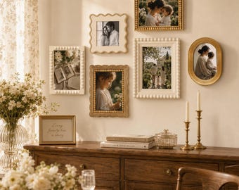 Vintage Beaded Picture Frame Set, Antique Gold & White Frames, Farmhouse Family Cream Wall Decor, 4x6 5x7 Grandmillennial Wall Decor