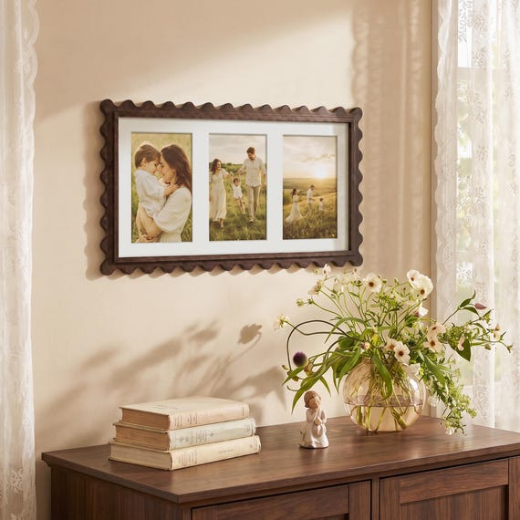 Vintage Walnut Triple Photo Frame, Scalloped Collage Frame with 3 Openings, Holds Three 4x6 Family Photos,  Cottage Wall Decor,Keepsake Gift