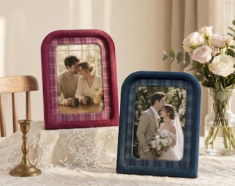 Vintage Corduroy Picture Frame with Plaid Mat, 5x7 Plaid Fabric Covered Frame, Grandmillennial English Country Decor, Wedding Couple Gift
