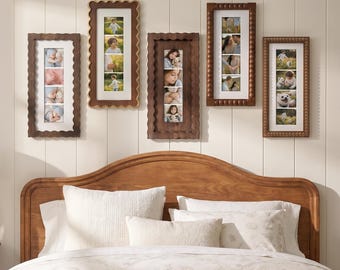 May include: Five vertical rectangular wall frames with white matting, each containing four small square photographs. The frames feature varied brown wood finishes, including scalloped edges and beaded detailing, arranged above a wooden headboard.